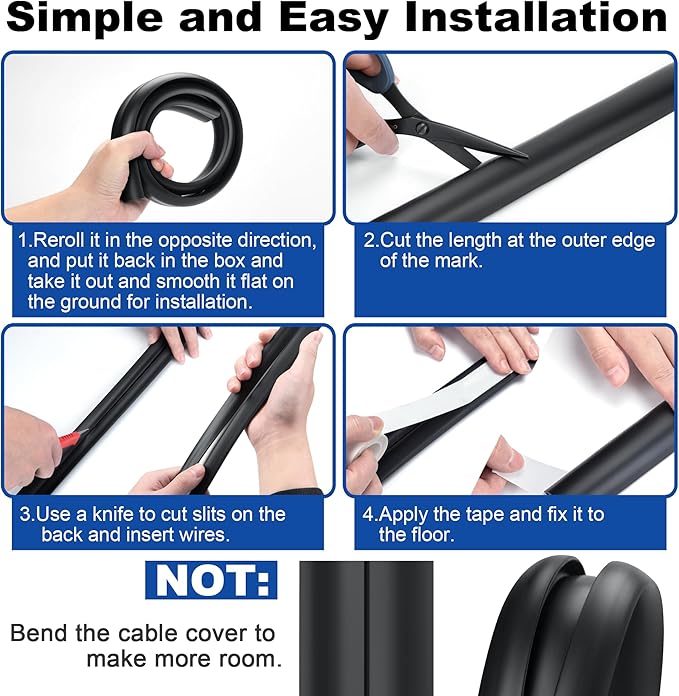 LZEOY 4ft Cord Hider Floor, Heavy Duty Cord Covers for Wires on Floor, Black Floor Cable Management, Hide Cord Cover Floor, Electrical Cable Hider Cord Protector Floor, Cable Cavity: 0.78" W x 0.32" H