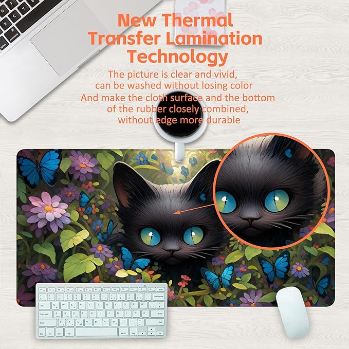 KOAIWPAE Desk Pad, Cute Black Cat Desk Mat, Cat Among Butterfly Flowers Large Gaming Mouse Pad for Desk, 31.5"x15.7" Extended Big Computer Keyboard Mouse Pad with Non-Slip Base and Stitched Edge