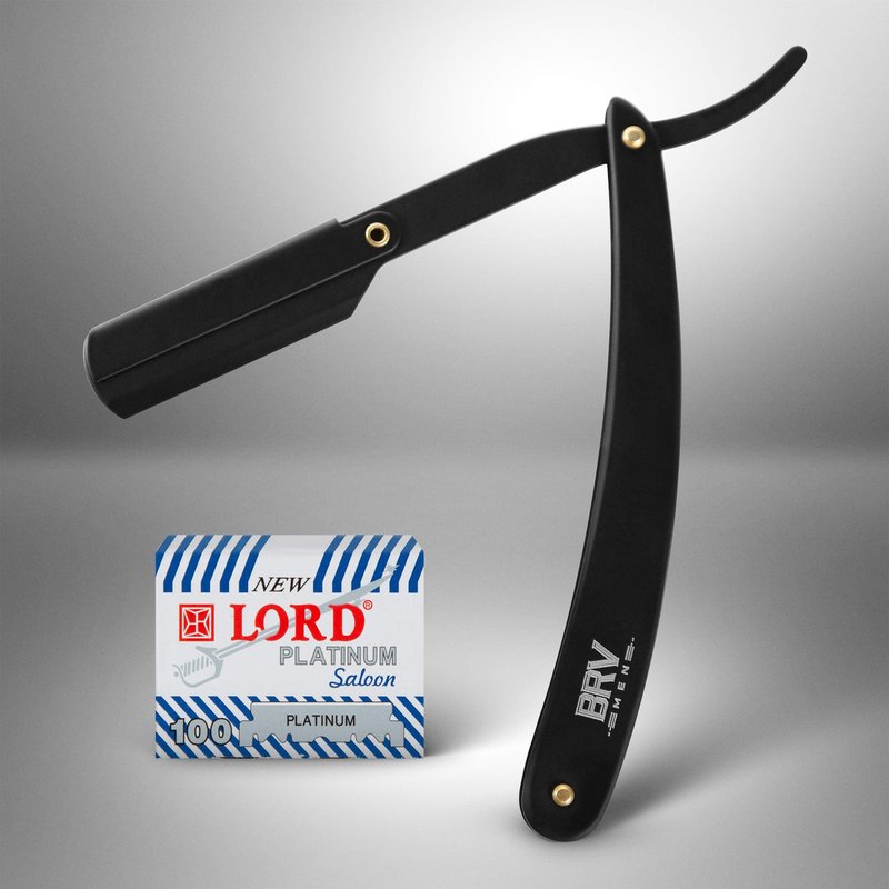 BRV MEN Professional Straight Edge Barber Razor w/ 100 Single Edge Razor Blades | Straight Razors for Men | Barbershop Accessories | Mens Shaving Knife & Shavette - Black