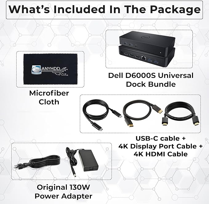 Dell D6000S Universal Docking Station - USB-C/USB-A Dock with 130W Adapter, HDMI, DisplayPort, USB-C Cables - Supports 4K Display (Renewed)