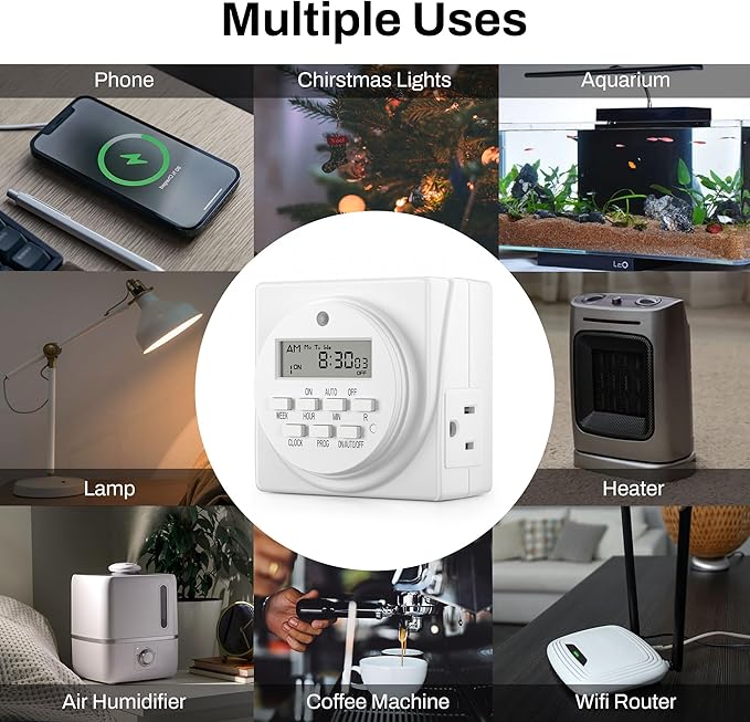 BN-LINK Indoor Digital Timer Outlet, Dual Outlet 7 Day Programmable Light Switch, 3 Prong Plug in Timers for Electrical Outlets, Lamps, Fans, 8 On/Off Programs, 1 Pack, 15A/1875W, ETL Listed