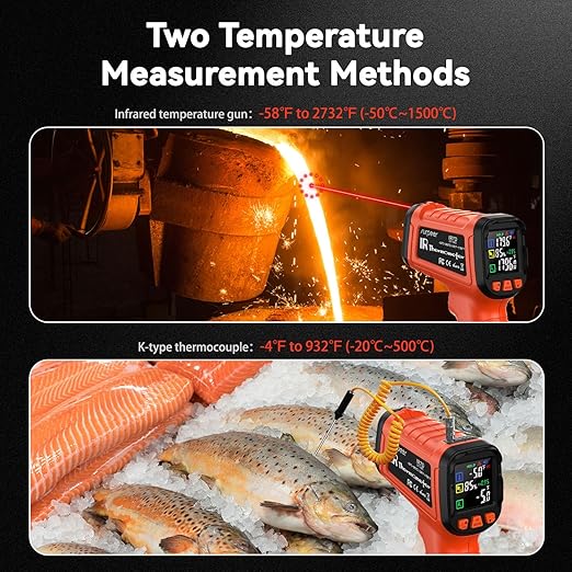 Surpeer -58°F to 2732°F Infrared Thermometer IR Laser Gun 50:1, Digital Temperature Gun/K-Type Probe -4°F~932°F, Humidity Sensor, High-Temp Pyrometer for Kiln, Forge, Furnace, Industrial Use