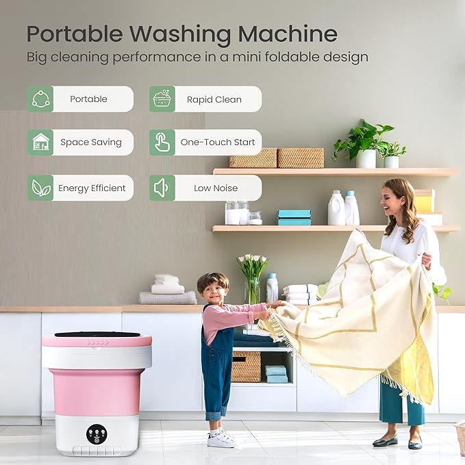 Portable Washing Machine - 16L Mini Foldable Washer with Spin Basket, 3 Cleaning Modes & Deep Cleaning for Small Clothes, Collapsible Laundry for Apartment, Home, Hotel and Travel (Pink)