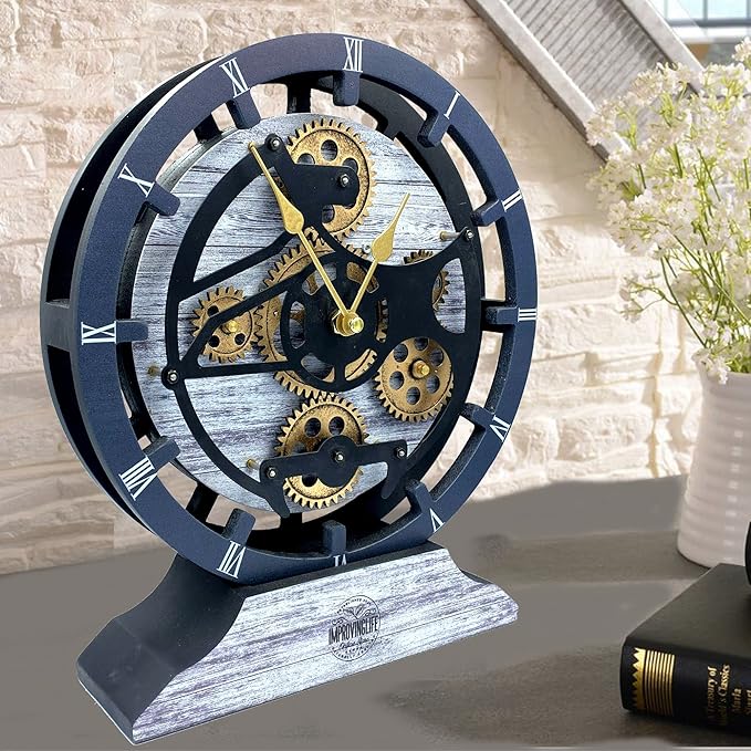 ImprovingLife The Gears Clock Desk Clock 10 inches with Real Moving Gears Convertible into Wall Clock (Silver Glamour)