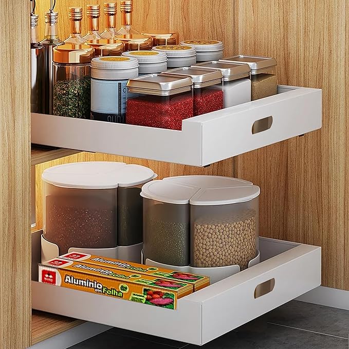 2 Pack Cabinet Organizer, 16.9" Deep Pull out Drawers for Cabinets, 10" Wide Pull out Cabinet Organizer Adhesive Heavy Duty Carbon Steel, Kitchen Cabinet Organizer, Pantry Organizers, White