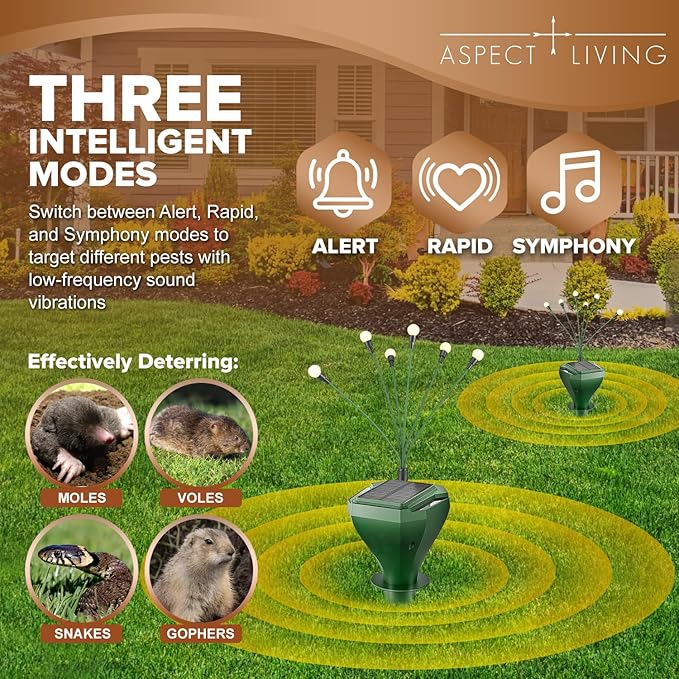 8 Pack Solar Mole Repellent Stakes for Lawn - Gopher Deterrent with Firefly LED Lights, Waterproof Outdoor Pest Control for Voles, Groundhogs, Snakes - Humane Pet Safe Solution