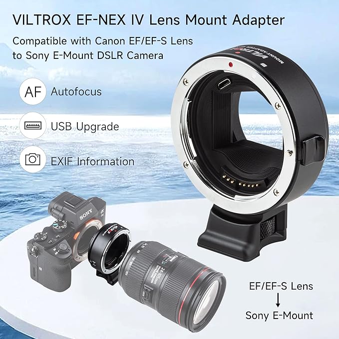 VILTROX EF-NEX IV Lens Adapter, Auto-Focus EF to E Mount Ring Automatic Converter Control Ring Compatible with Canon EF/EF-S Lens to Sony E Mount Camera NEX A9II A7III A9 A7RIII A7RII A7R A7m3