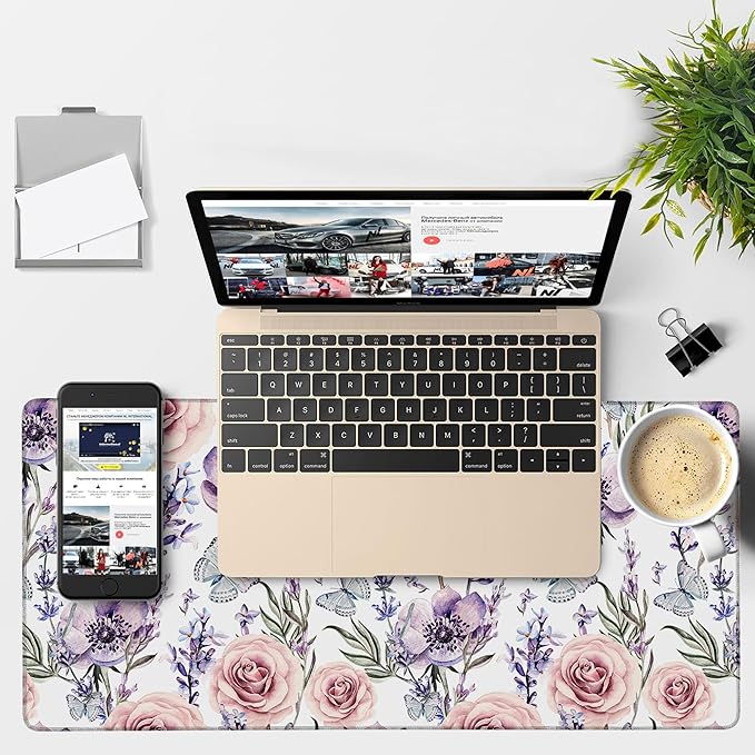 NITAHHHY Gaming Desk Pad Large Extra Length Lavender, Roses and Anemone Mouse Pad Keyboard Laptop Non-Slip Waterproof with Rubber Base Thick Stitched Edge Mouse Mat for Office Home 35.4 x 15.7 Inches