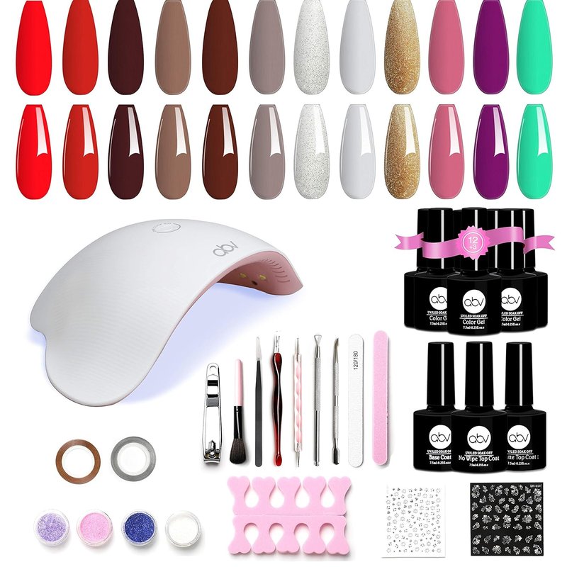 ABV Gel Nail Polish Kit - 12 Colors with 48W UV LED Nail Lamp | Soak Off Base & Top Coat, Nail Art Tools for Home Use