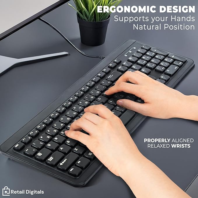 Retail Digitals Wired USB Keyboard | Full-Sized | Ergonomic | Soft Typing | QWERTY Layout | Black