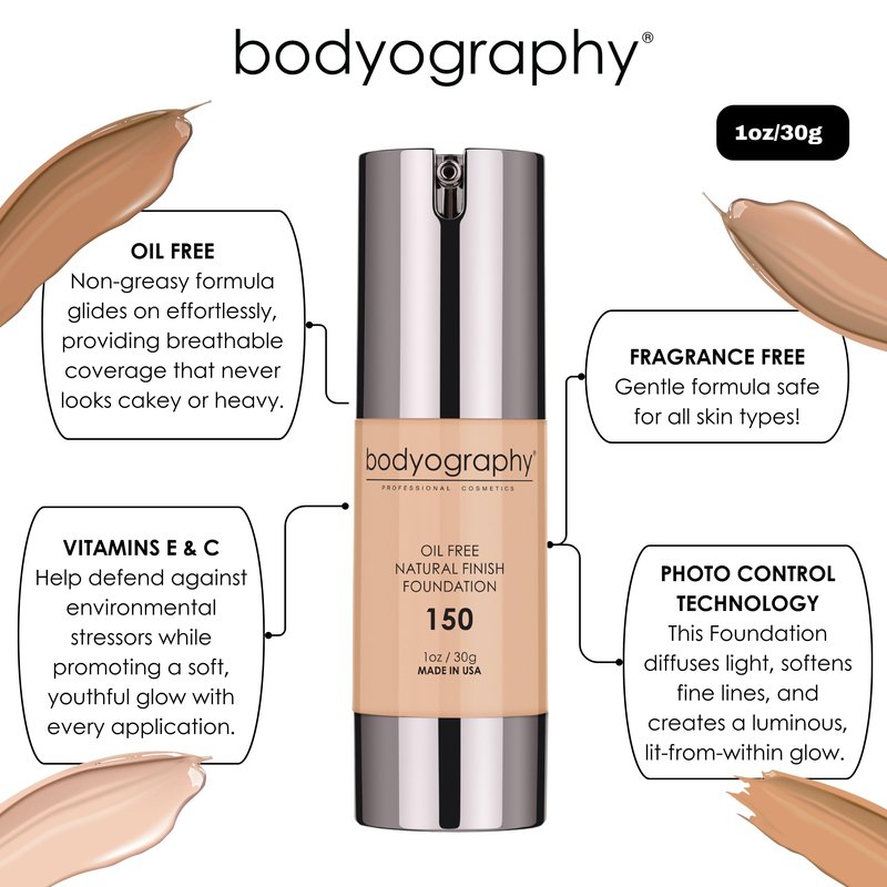 BODYOGRAPHY - NATURAL FINISH Foundation (Light #130): Oil-Free Anti-Aging Salon Natural Finish w/ Vitamin E, C, Antioxidants | Vegan, Gluten-Free, Paraben-Free
