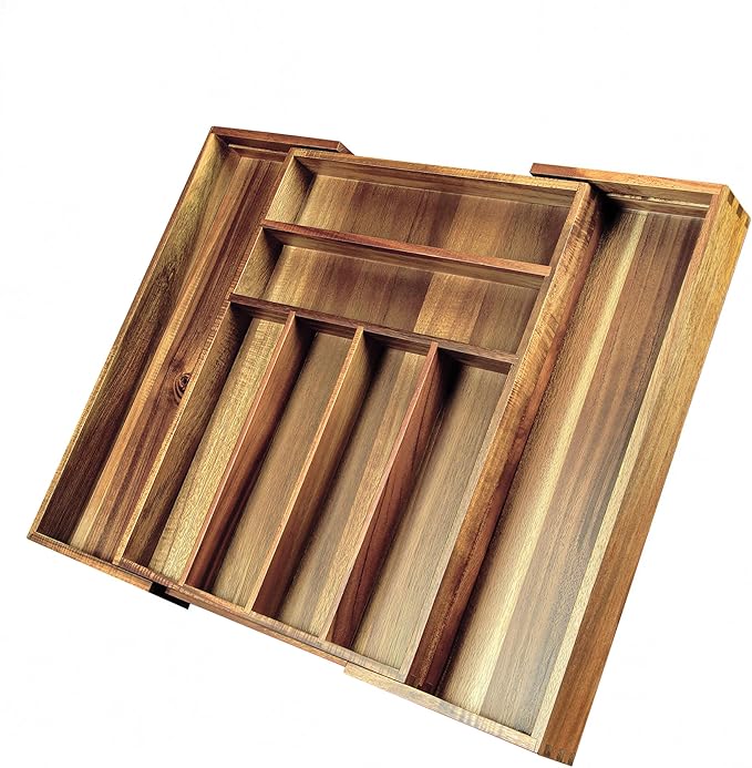 Acacia Wood Expandable Silverware Organizer, Kitchen Utensil Drawer Organizer for Forks & Spoons, 8-Compartment Cutlery Tray, Flatware Holder