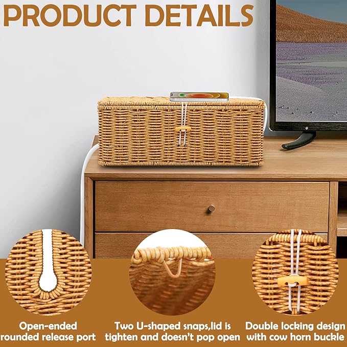 2PCS Cable Management Box, Handmade Rattan Cable Organizer, Open Slots Cords Hider Box Cord Basket Under Desk Cord Organizer for Computer Router USB Hub & Power Strip