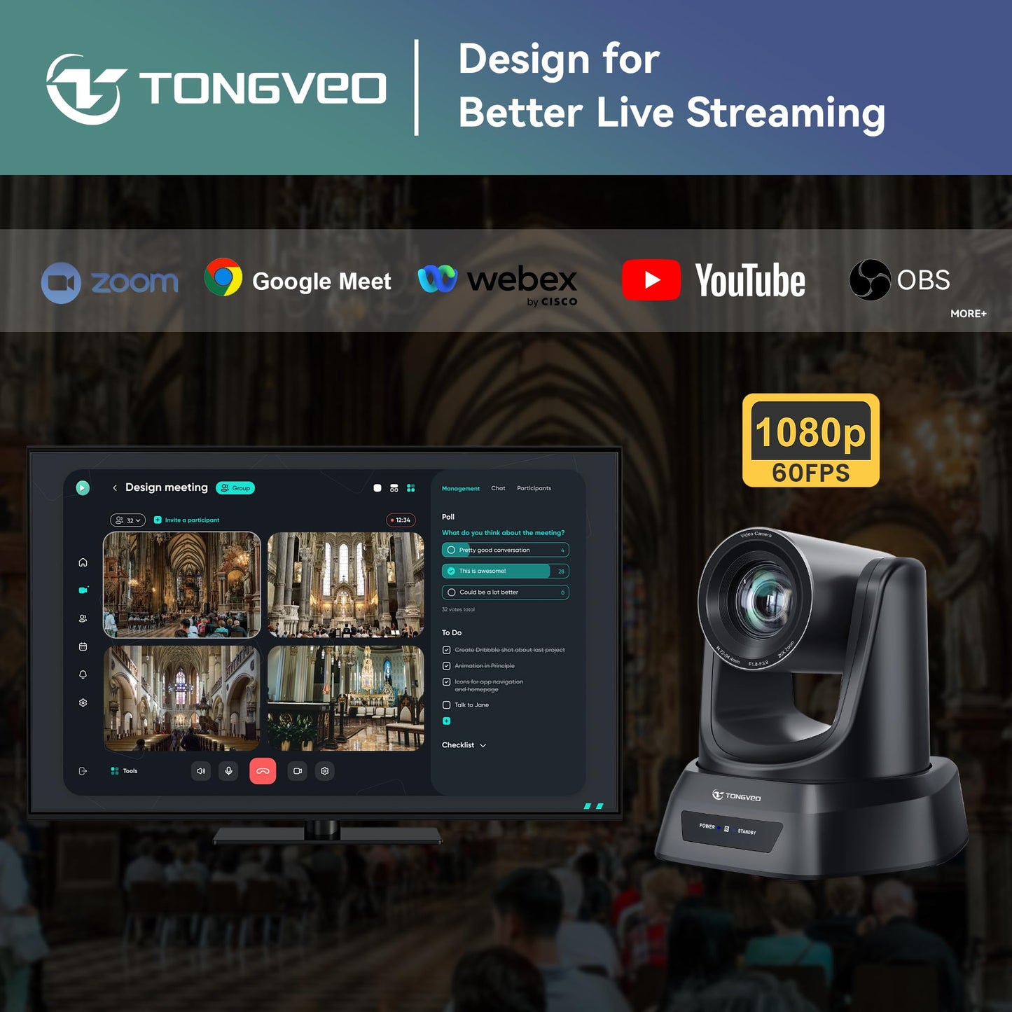 TONGVEO Conference Room PTZ Camera System with 20X Optical Zoom, AI Auto Tracking 1080P 60fps HDMI USB Webcam for Church Streaming Online Video Conference,Compatible with Zoom, OBS Easy Setup