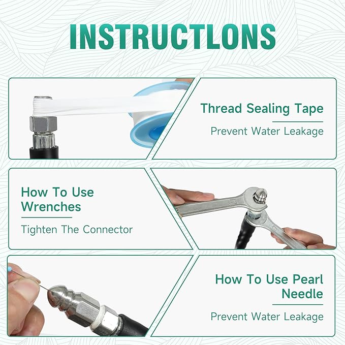 150FT Sewer Jetter Kit for Pressure Washer,1/4ââNPT Drain Cleaner Hose 5800PSI, with Adapter Corner Rotating Button Nose Sewer Jetting Nozzles Kit Pearl Corsage Pin Spanner Waterproof Tape