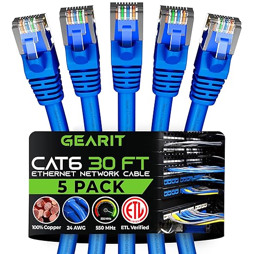 GEARit Cat 6 Ethernet Patch Cable 30 ft Blue (5 Pack) - Cat6 Patch Cables 30ft Blue/Ethernet Patch Cable, 10Gbps 550MHz 24AWG Pure Copper, Snagless, Gold Plated RJ45 for Router, Server, Router, PC