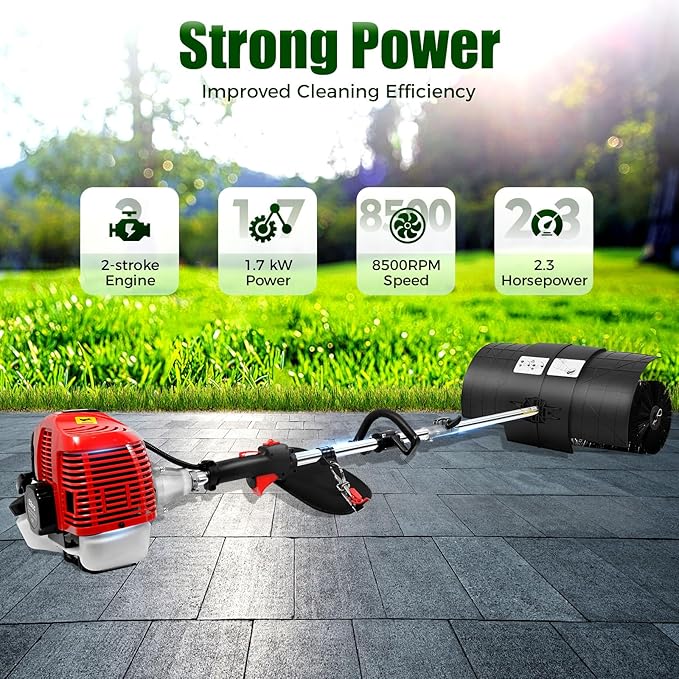 52CC 2 Stroke Gas Handheld Sweeper, 2.3HP Power Outdoor Backpack Broom Lawn Sweeper w/Manual Puller&Air Filter, Side-Mounted Snow Sweeping Broom for Driveway Street Turf Snow Artificial Grass Cleaning