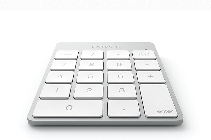 Satechi Slim Aluminum Bluetooth Keypad, Wireless Number Pad with 18 Keys, Micro USB Rechargeable Numpad, External Number Pad for MacBook Air/Pro/Neo, iPad Air/Pro, iMac, PC - Silver