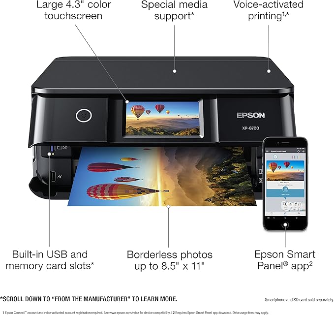 Epson Expression Photo XP-8700 Wireless All-in-One Printer with Scanner and Copier, 4.3" Color Touchscreen Black