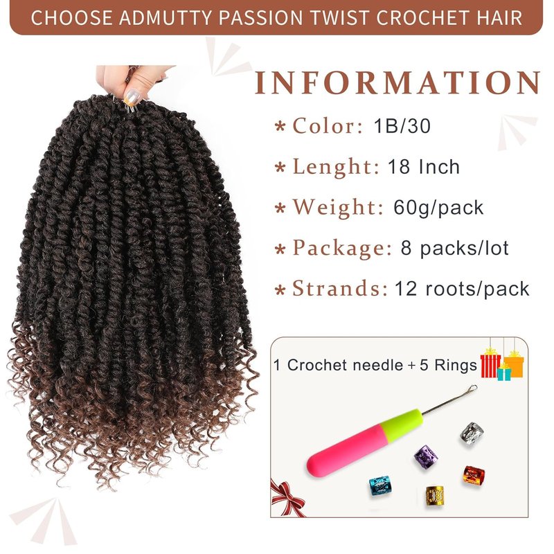 Passion Twist Crochet Hair - Pre-Twisted 18 Inch Soft Curly Braids | 8 Packs for Black Women (T30)