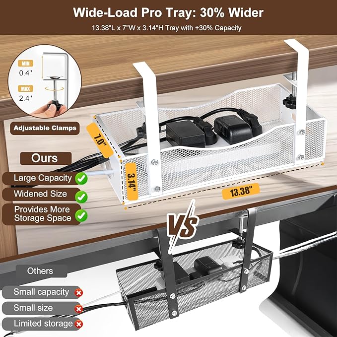 Extra Wide Under Desk Cable Management - 7inch No Drill Installation Cable Management Tray, Clamp/Screw Mount Desk Cable Management, Cable Management Tray for Office, Home((White, XL)