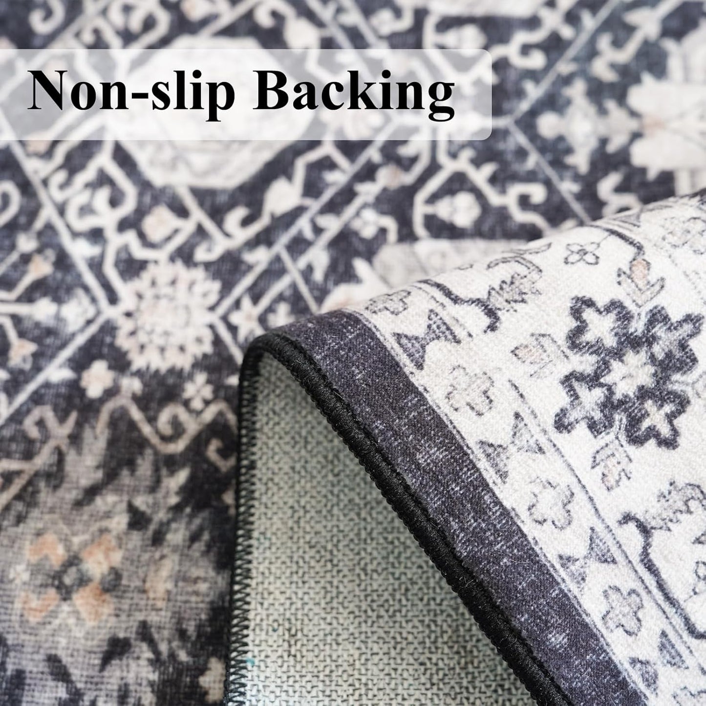 Regine Switzerland Washable 4x12 Hallway Runner Rug - Vintage Soft Carpet, Stain Resistant, Non-Slip Backing, Black