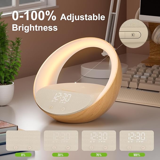 FUNFOR Bluetooth Alarm Clock, Sunrise Simulation Wake Up Night Light, 15W Fast Wireless Charging Alarm Clock for Bedroom, 10W Bluetooth Stereo Sound Speaker, USB Charger Port