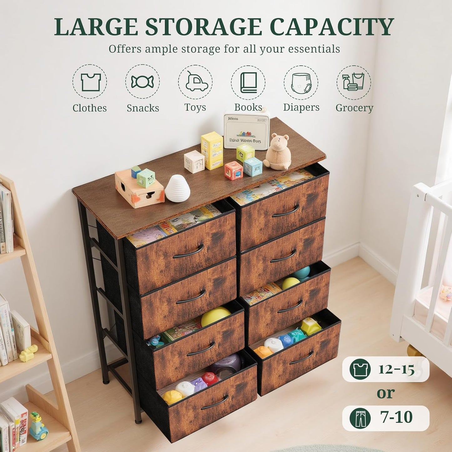Regine Switzerland 8-Drawer Dresser - Anti-Tip Tall Storage Organizer with Wooden Top & Metal Frame - Brown