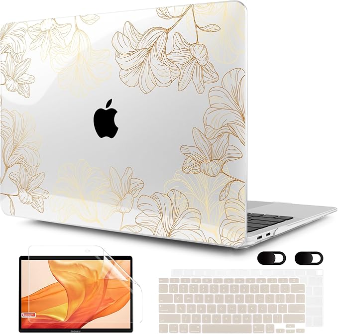 MEEgoodo for MacBook Air 13 inch Case 2021 2020 2019 2018 Released A2337 M1 A2179 A1932 with Touch ID, Plastic Hard Shell & Keyboard Cover Compatible with MacBook Air 13.3, Drawn Golden Floral