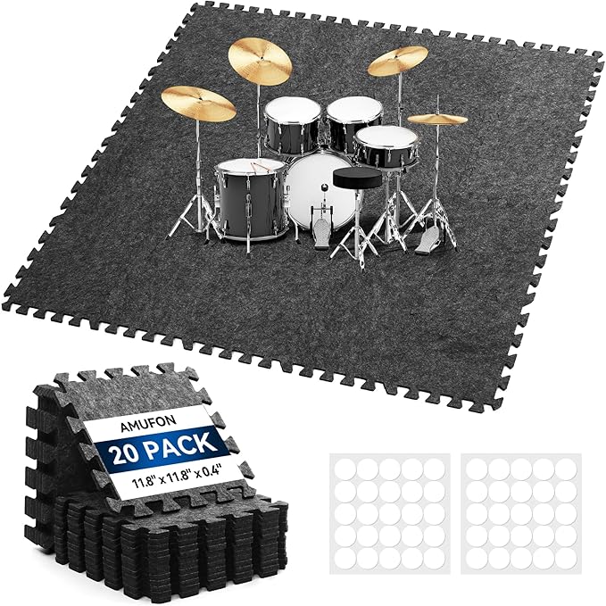 20 Pcs Interlocking Sound Absorbing Floor Mats, 11" x 11" x 0.4" High Density Anti Vibration Noise Reduction Pads, Non-Slip Felt Puzzle Mats for Drum, Piano, Music Studio, Home Gym