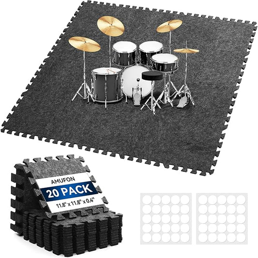 20 Pcs Interlocking Sound Absorbing Floor Mats, 11" x 11" x 0.4" High Density Anti Vibration Noise Reduction Pads, Non-Slip Felt Puzzle Mats for Drum, Piano, Music Studio, Home Gym