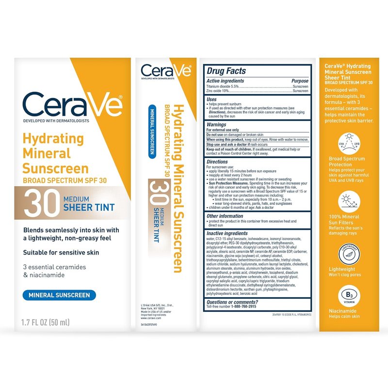 CeraVe Hydrating Mineral Sunscreen SPF 30 - Tinted Zinc Oxide Formula for Healthy Glow | Medium, 1.7 Fl Oz