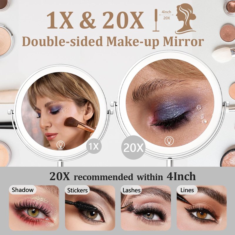 9in Vanity Mirror with Lights, Rechargeable 5000mAh Lighted Makeup Mirror, 1X/20X Double Sided Magnifying Mirror, 360° Rotate, 3 Color Lights, Up to 3800lux with 60 LEDs, Brightness Adjustable,Silvery