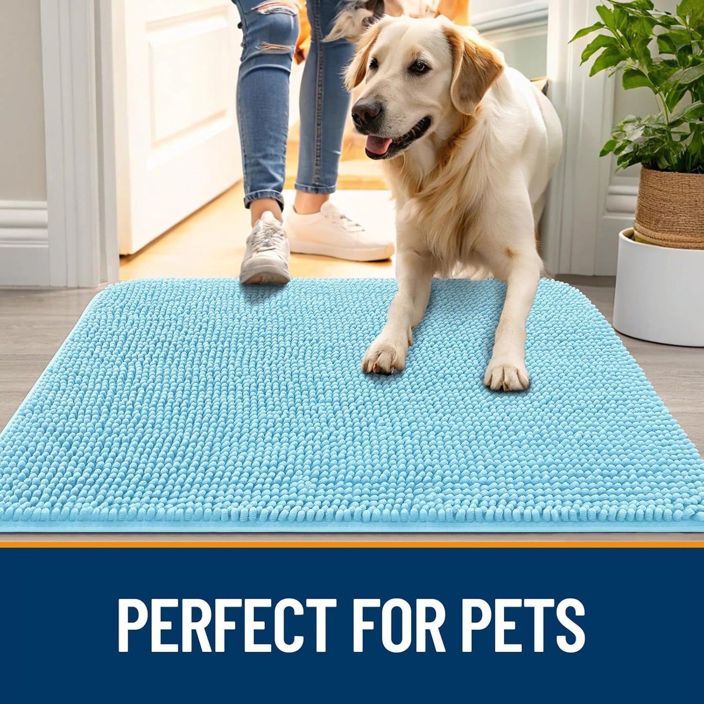 OLANLY Dog Door Mat - Absorbent Non-Slip Mud Mat for Indoor Use | 44x24 Inches, Quick Dry Chenille, Blue