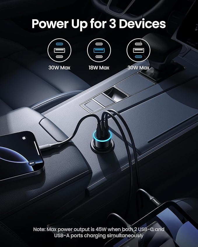 PISEN 60W USB C Car Charger - Car Phone Charger Adapter PD30W & QC3.0 Fast Charging, Car USB Charger Multi Port, Cigarette Lighter USB Charger, Car Charger with LED for iPhone 17/16/15/14/13/12 Series