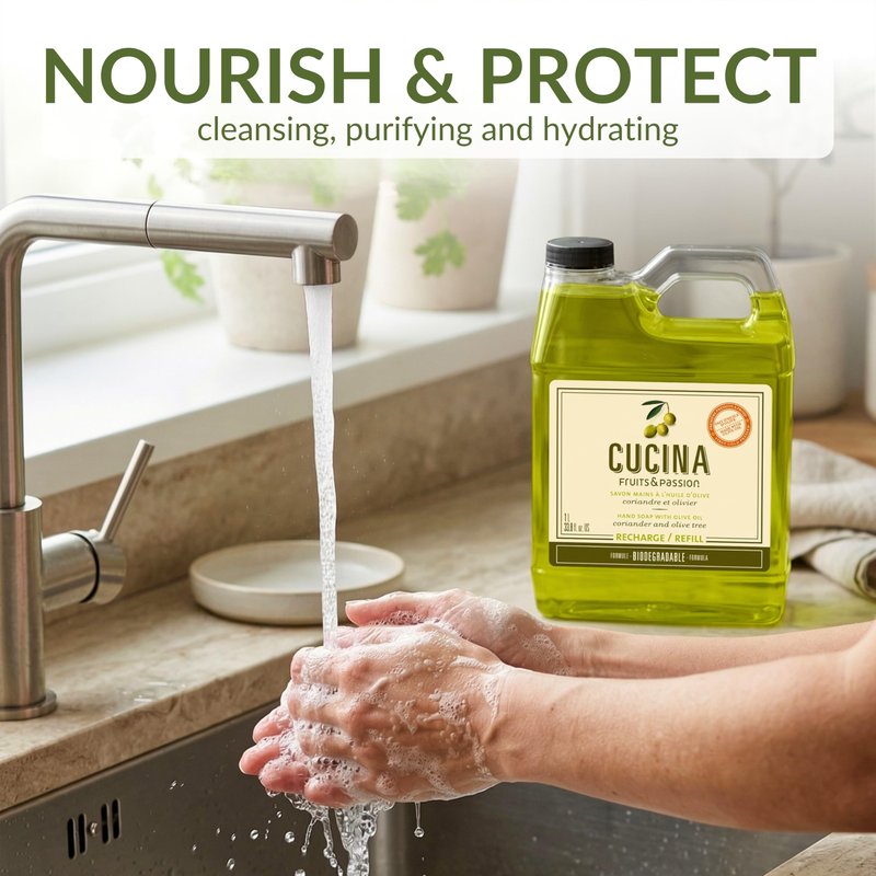 Cucina Fruits & Passion Hand Soap Refill, Coriander & Olive Tree, 1 L (33.8 fl oz), Liquid Hand Soap with Moisturizing Olive Oil, Biodegradable, Vegan Formula, Kitchen & Bathroom