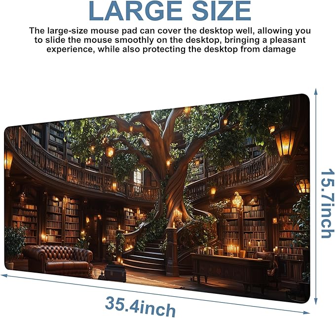 NITAHHHY Large Mouse Pad Old Library Gaming Desk Pad Computer Keyboard Non-Slip Waterproof Mouse Mat with Rubber Base and Stitched Edges Entertainment Office Writing Desk Mat 35.4 x 15.7 Inches