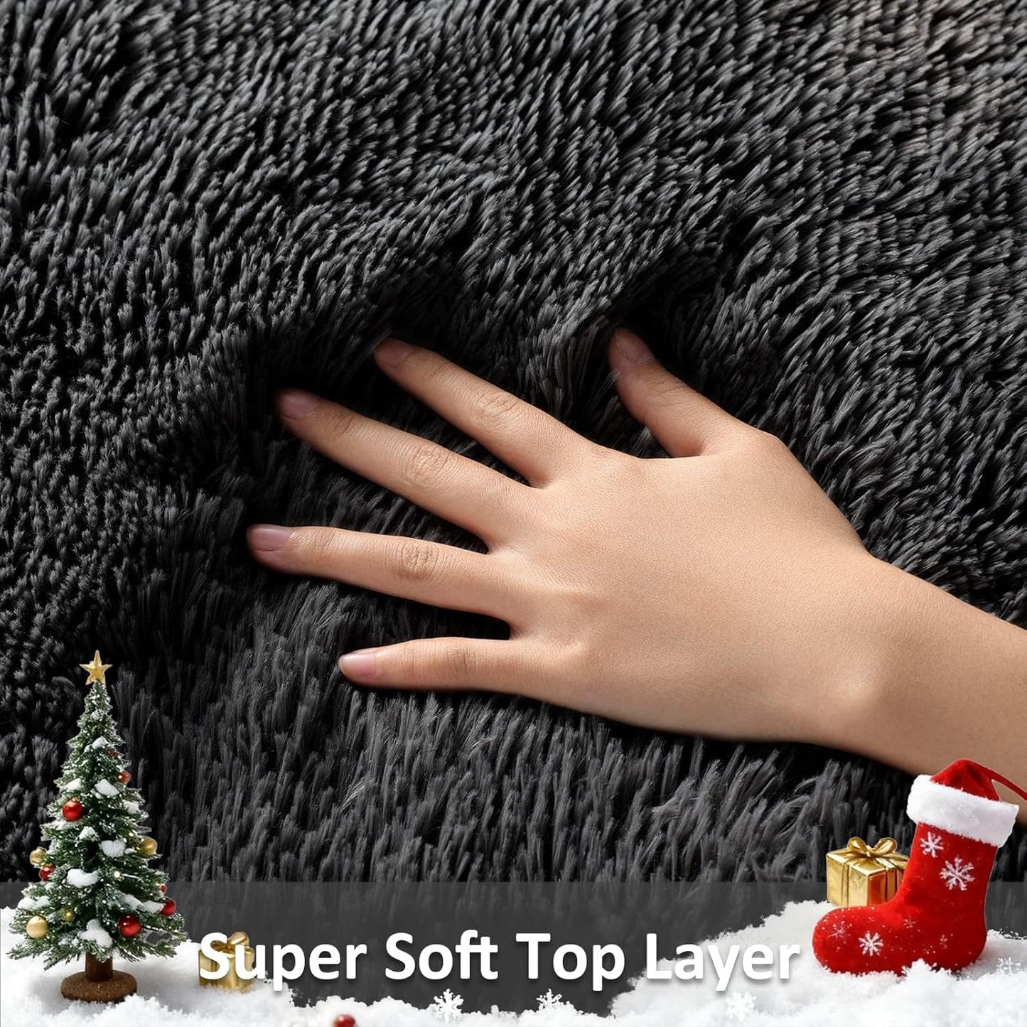 Ophanie 2x8 Non-Slip Runner Rug - Soft Fluffy Black Shaggy Carpet for Hallway & Bedroom Decor