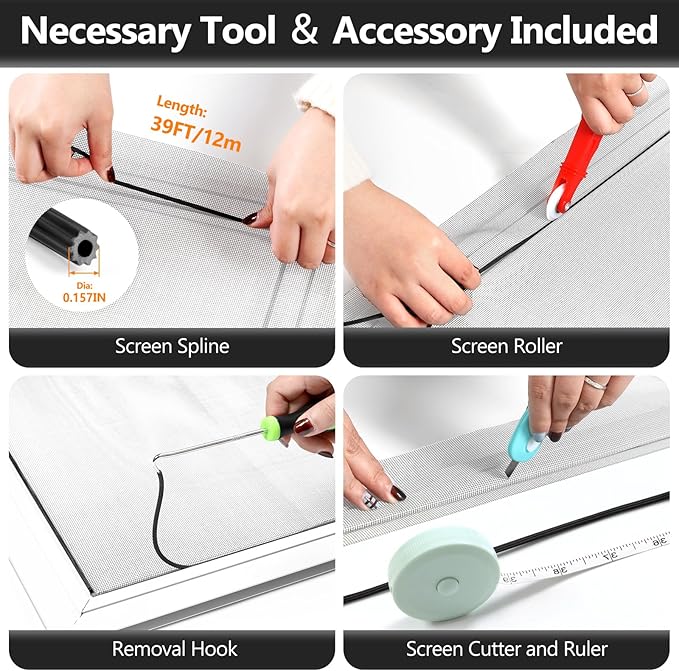 Secopad Window Screen Door Repair Kit, 48" x 177" Screen Door Mesh Replacement Kit, Durable Fiberglass Mesh Roll with Tools for Windows Doors Patio and Porch Replacement, Grey
