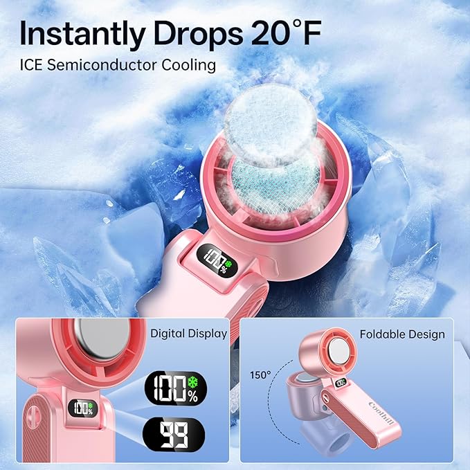 Coolhill Pro Handheld Portable Fan with Ice Cooler: 199-Speed 5500mAh Rechargeable Handheld Fan, 12H Time Hand Cooling Personal Fans with 20000 RPM Air Turbo Tech for Travel Outdoor (Pink)