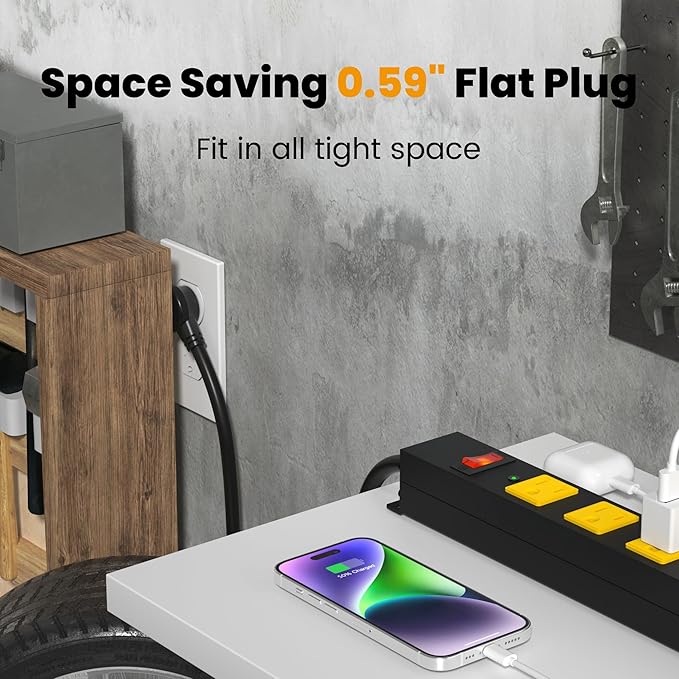 Metal 12 Outlet Mountable Power Strip, 2100J Surge Protector with Heavy Duty 15ft Extension Cord, Wide Spaced and Wall Mount Metal Powerstrip for Garage, Desk, Industrial, Shop and Indoor (15ft)