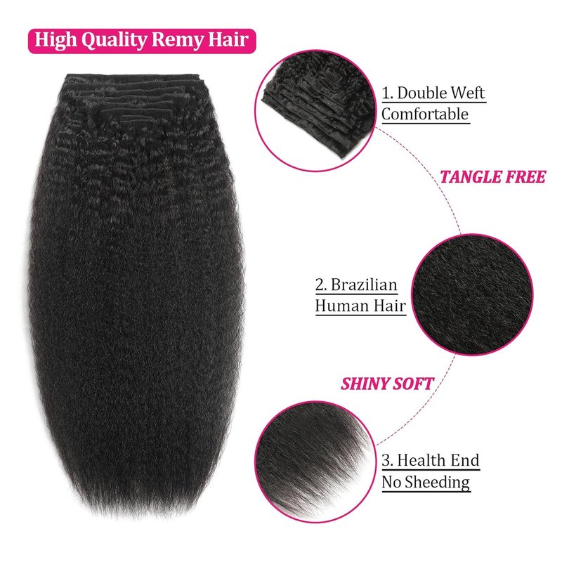 Real Human Hair Clip In Extensions - 20 Inch Kinky Straight, 120g, Full Head, Natural Black