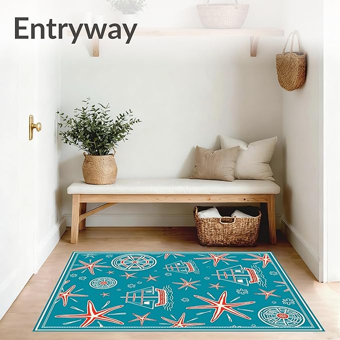 Flatwoven High Traffic Area Rug 6x9, Oceanic World Map with Starfish and Sailing Vessel Illustrations, Non Slip, Stain Resistant, Washable Area Rugs for Living Room, Bedroom (Blue, 6x9)