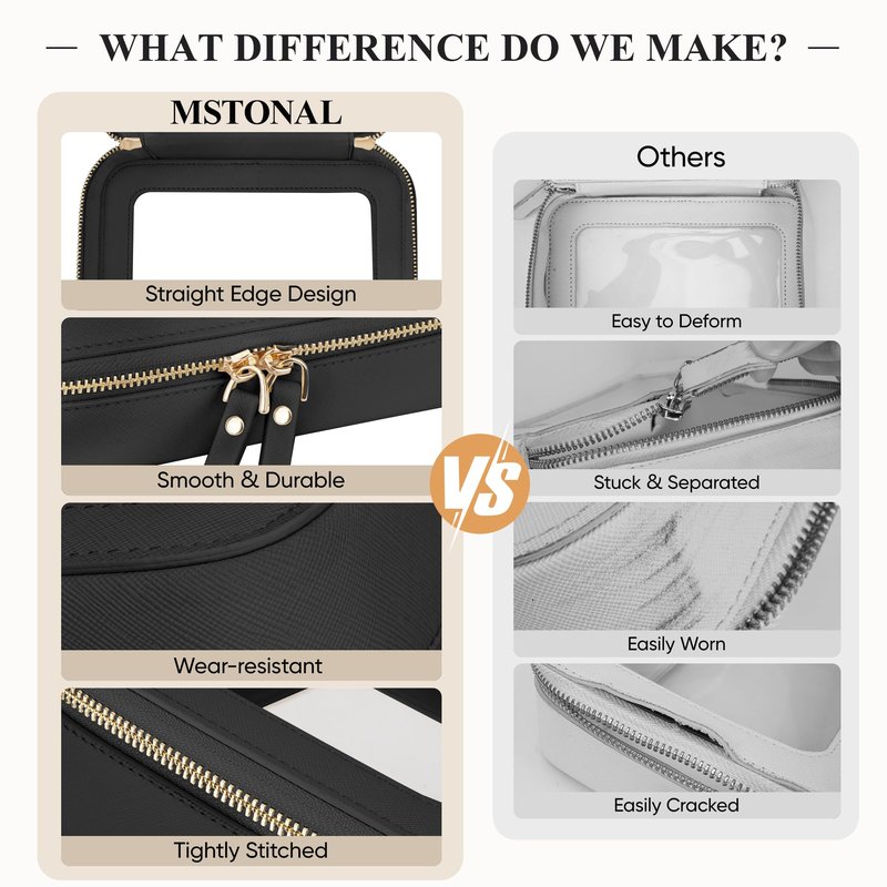 MSTONAL Clear Makeup Bag, Travel Toiletry Bag Cosmetic Case for Women, Waterproof Portable Make Up Skincare Pouch with Zipper, Compact Car Organizer Bag for Essentials, Medium Size, Black
