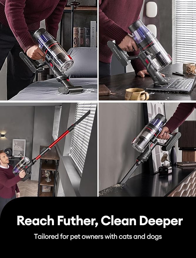 Ultenic Cordless Vacuum Cleaner, 600W 55Kpa 60Mins Vacuum Cleaners for Home, with 180°Bendable Wand, Anti-Tangle Brush, Charging Dock, Stick Vacuum Cordless for Pet Hair/Carpet/Floor/Car