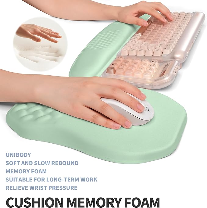 Gleamtide 2-in-1 Ergonomic Set, Wave Keyboard Wrist Rest and Massage Slope Mouse Pad Wrist Support, Rebound Memory Foam for Relieve Carpal Tunnel Syndrome and Wrist Pain (Light Green)