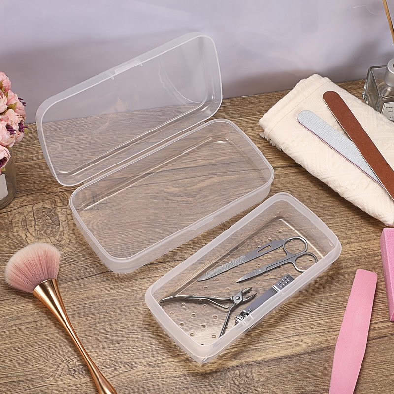 JUXYES 2 PCS Plastic Sterilizing Tray for Nail Art Accessories Tools, Portable Nail Art Tool Sterilizer Tray with Strainer, Fully Transparent Storage Box Organizer for Tweezer Manicure Tools