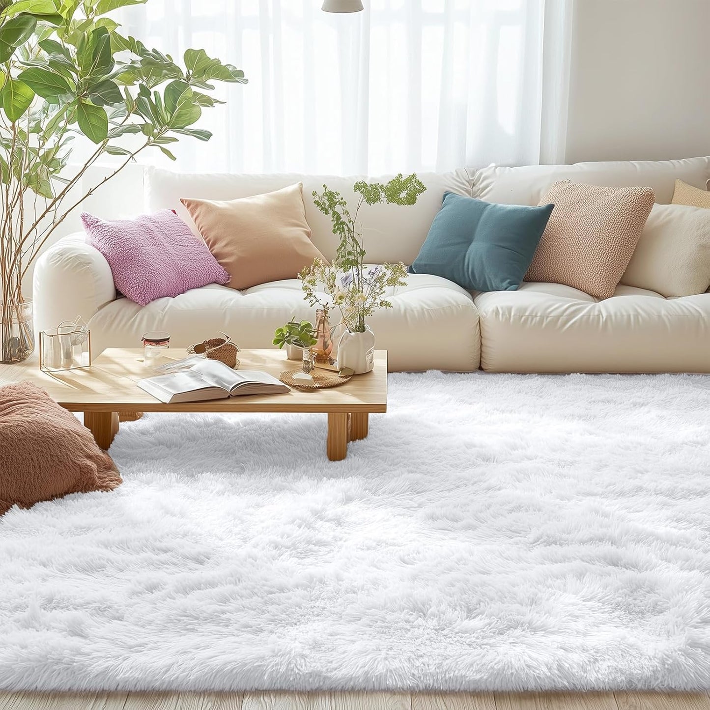 OLANLY Large Area Rug - Soft Fluffy Shaggy Indoor Carpet for Living Room & Bedroom | 7x12 ft, White