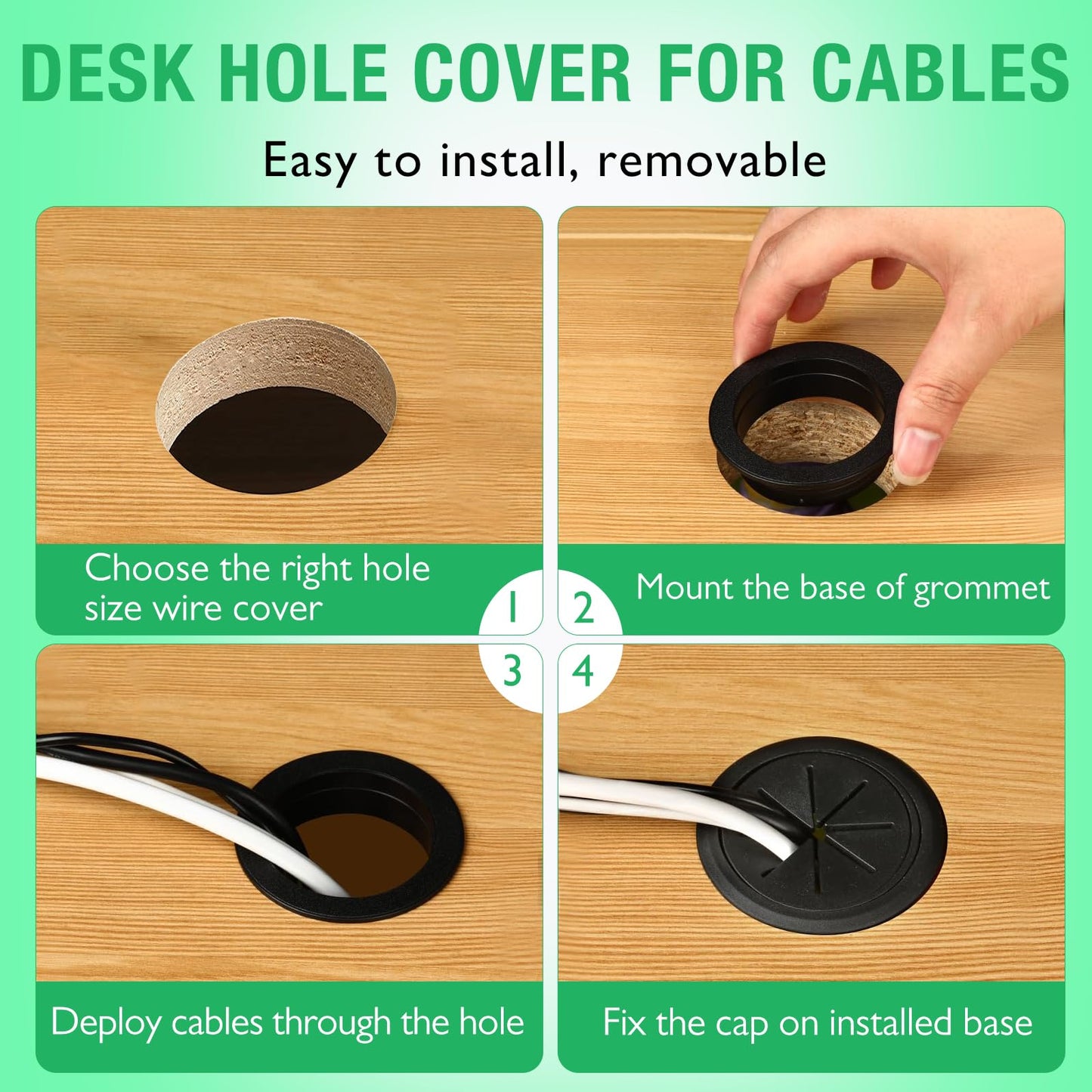 EASYEAH 2 Pcs Desk Grommet 2-1/16" / 53 mm, Desk Hole Cover for Cables Beige, Cable Grommet ABS Plastic, Desk Hole Grommet for Home & Office Pc, Detachable Cable Cord Organizer