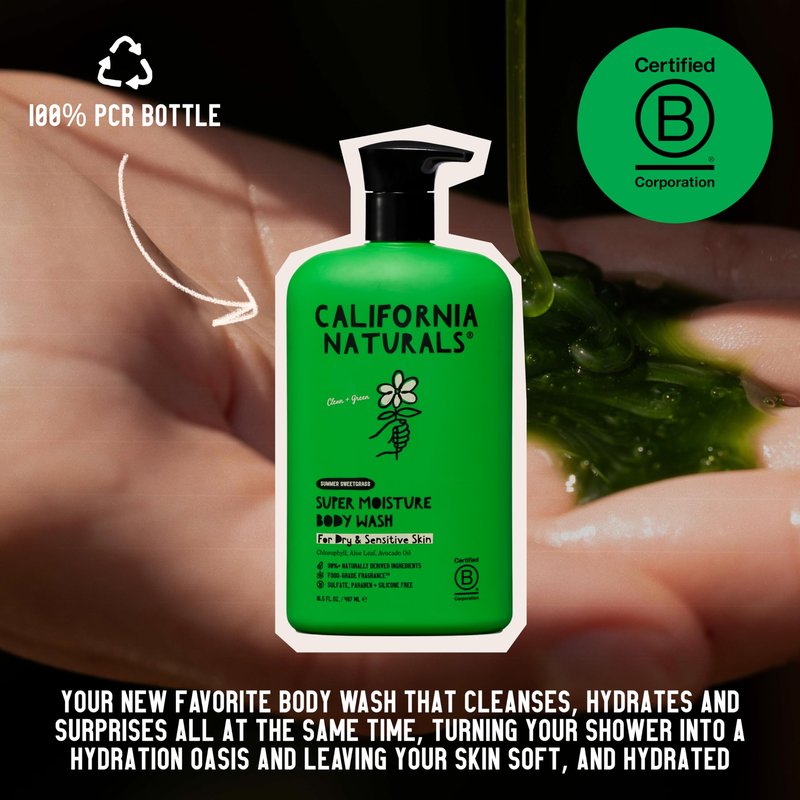 California Naturals Super Moisture Body Wash, Gentle Shower Gel Cleanser for Dry, Sensitive Skin, Moisturizing & Hydrating, Natural, Vegan, Paraben & Sulfate Free Body Moisturizer, 16.5 fl oz